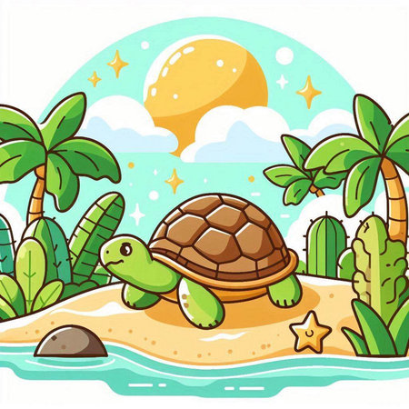 Turtle on the beach with palm trees and star. Vector illustrationのイラスト素材
