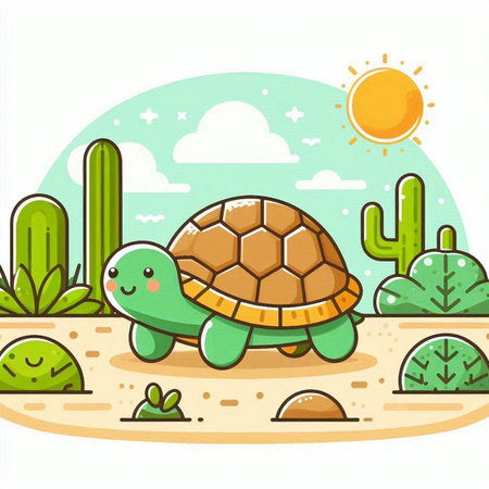 Turtle in the desert with cactuses and sun. Vector illustrationのイラスト素材