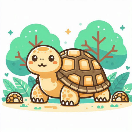 Cute cartoon turtle on a background of the forest. Vector illustrationのイラスト素材