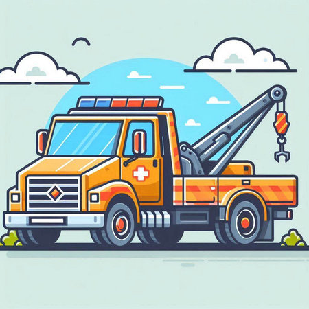 Vector illustration of a tow truck in flat style. Yellow truck with a crane.のイラスト素材