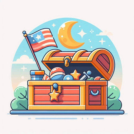 Treasure chest and flag of the United States. Flat vector illustration.のイラスト素材