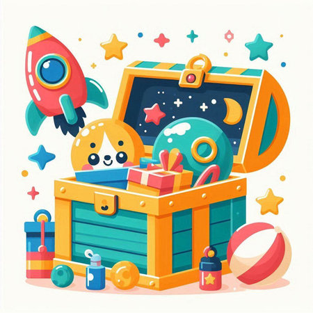 Vector illustration of a treasure chest with a rocket, planets, stars and toys on a white backgroundのイラスト素材