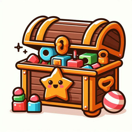 Wooden chest with toys. Vector illustration isolated on white background.のイラスト素材