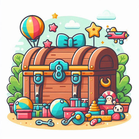 Vector illustration of a wooden chest with toys on the background of nature.のイラスト素材