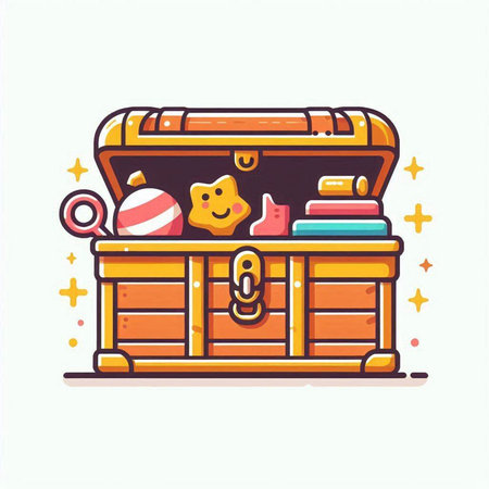 Wooden chest with toys. Vector illustration in a flat style.のイラスト素材