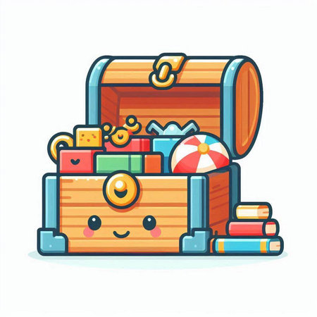 Wooden treasure chest with toys. Vector illustration in cartoon style.のイラスト素材