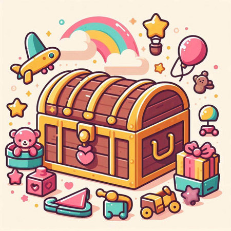 Vector illustration of a treasure chest with toys and items in cartoon style.のイラスト素材