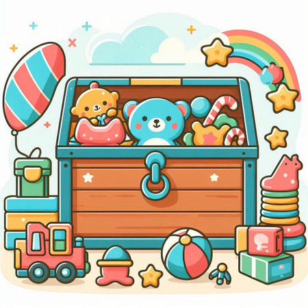 Cute vector illustration of a wooden chest full of toys and toysのイラスト素材