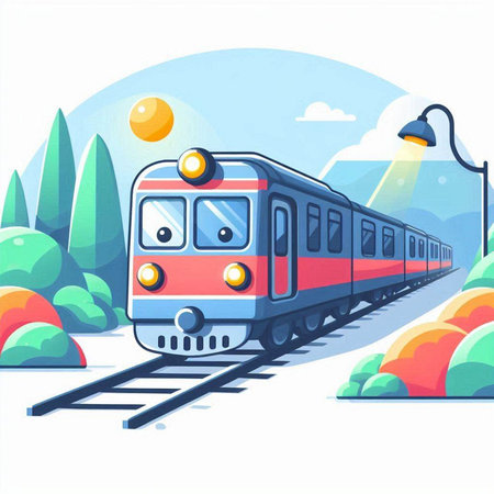 Train on the background of the park. Vector illustration in cartoon style.のイラスト素材