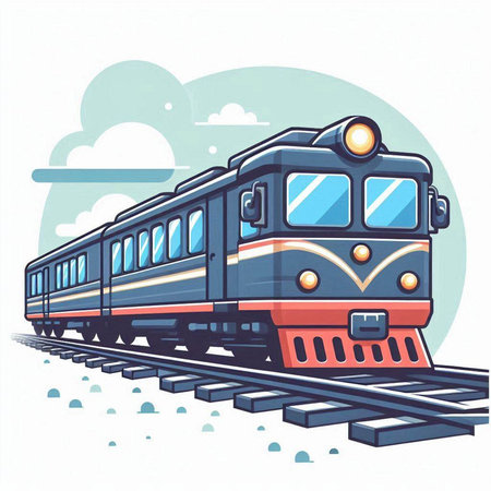Vector illustration of a train on a background of blue sky with cloudsのイラスト素材
