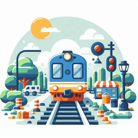 Train on the road. Vector illustration in flat style. The concept of travel and transport.のイラスト素材