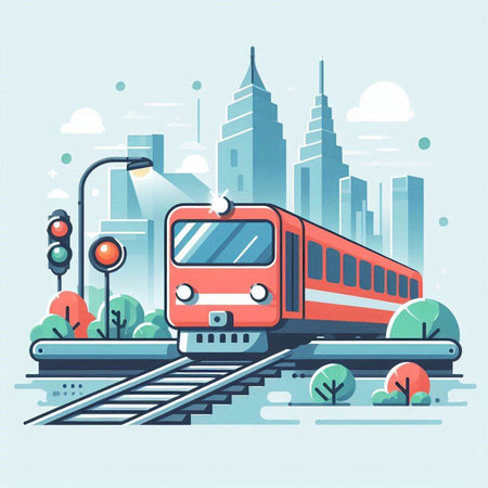 Modern red train on city background. Vector illustration in flat style.のイラスト素材