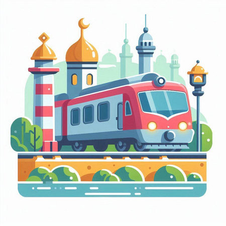 Train and mosque in flat style. Vector illustration on white background.のイラスト素材