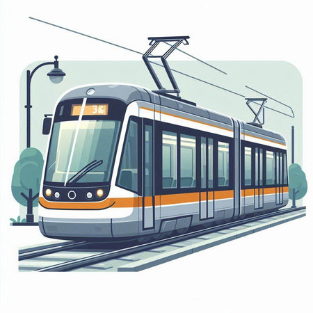 Modern electric tram on the city street. Vector illustration in cartoon styleのイラスト素材