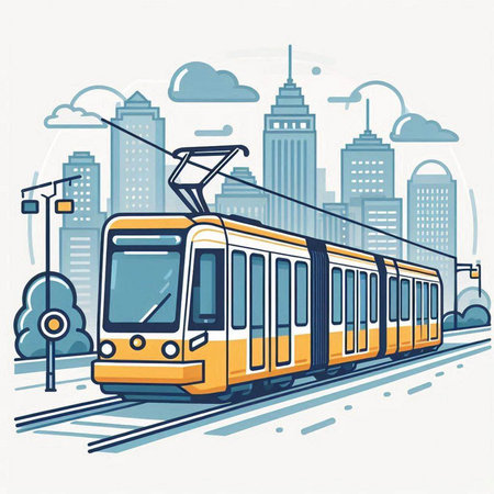 Modern yellow tram on the background of the city. Vector illustration.のイラスト素材