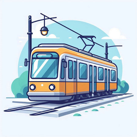 Modern electric train on the background of the city. Vector illustration.のイラスト素材