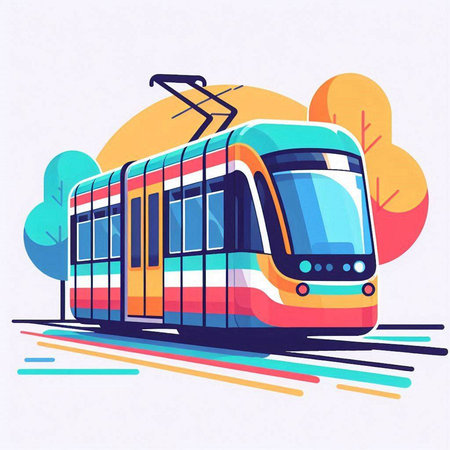 Modern tram in the city. Vector illustration in trendy flat style.のイラスト素材