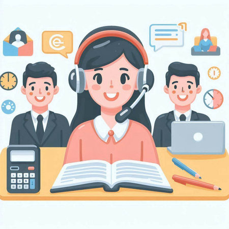 Business people with headset and laptop. Call center. Flat design vector illustration.のイラスト素材
