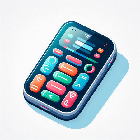 Isometric smartphone icon. Vector illustration of mobile phone with colorful buttons.のイラスト素材