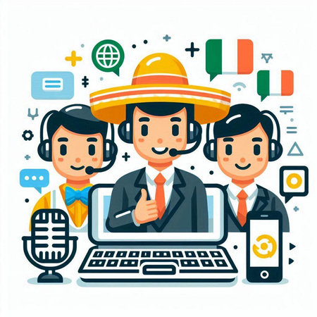 Vector illustration of a flat design of a man in a sombrero, a woman in a business suit, a man in a business suit with a microphone and a laptop.のイラスト素材