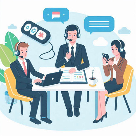 Call center concept. Man and woman working in call center. Vector illustrationのイラスト素材