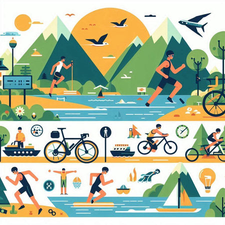 Set of flat design vector illustrations of outdoor activities, sports, recreation.のイラスト素材