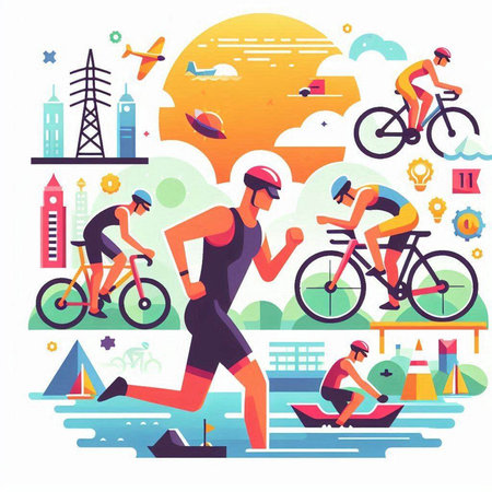 Cyclists racing flat vector illustration. Cartoon man and woman in sportswear riding bicycles on city street. Sport, activity and healthy lifestyle conceptのイラスト素材