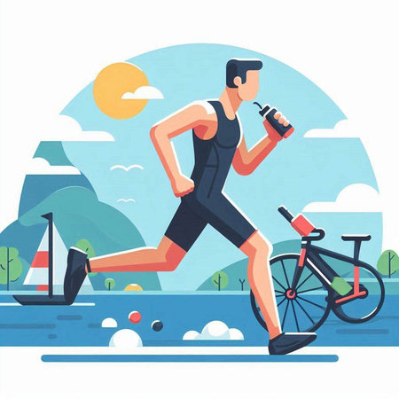 Vector illustration of a cyclist running on the beach with a bottle of waterのイラスト素材
