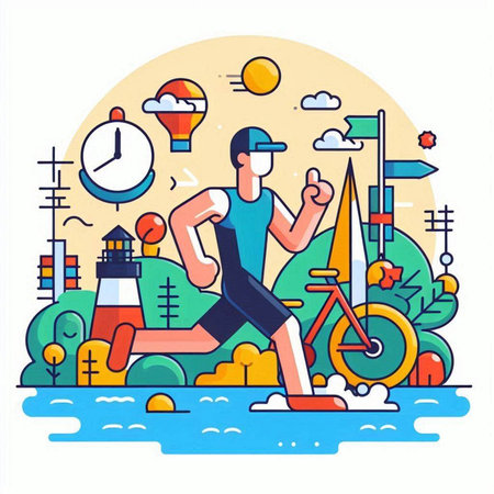 Vector illustration in flat linear design style on the theme of sports, healthy lifestyle.のイラスト素材