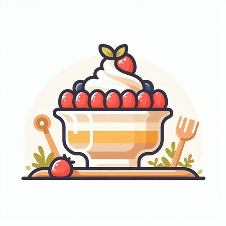 Fruit cake with whipped cream and strawberries. Flat style vector illustration.のイラスト素材