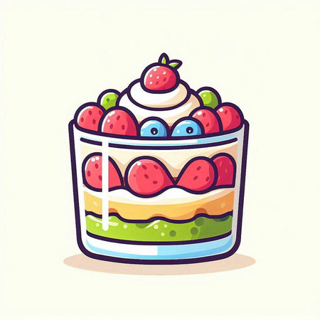 Strawberry cake with whipped cream in a glass. Vector illustration.のイラスト素材