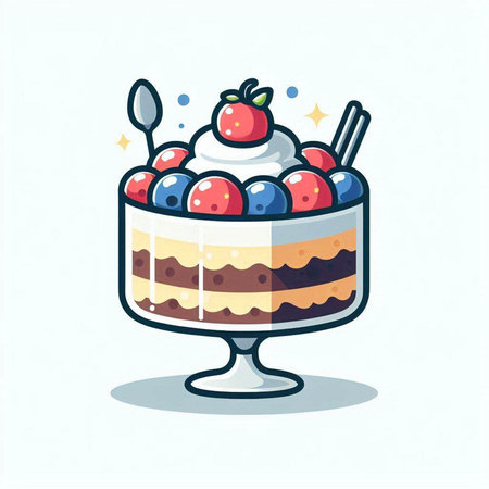 Cake with whipped cream and fresh berries cartoon vector illustration. Cute dessert.のイラスト素材