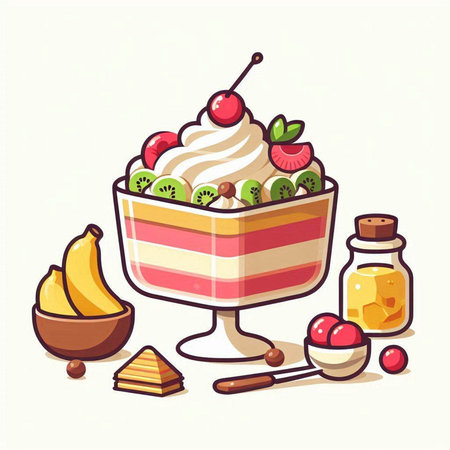 Ice cream in a glass bowl with fruits and berries. Vector illustration.のイラスト素材