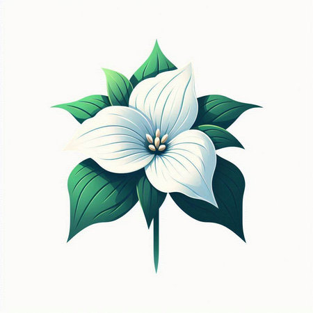 Illustration of a beautiful white flower with green leaves on a white backgroundのイラスト素材