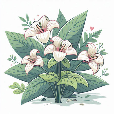Illustration of a bouquet of white flowers and green leaves.のイラスト素材