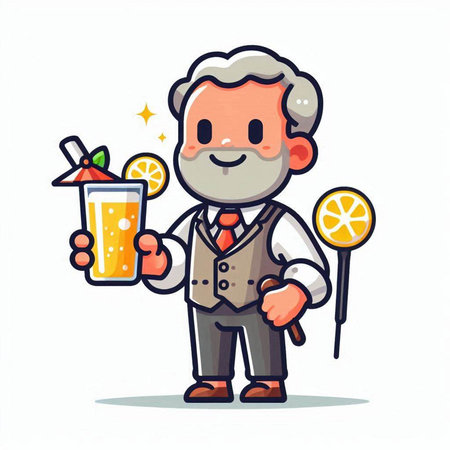 Cartoon bartender holding a glass of orange juice. Vector illustration.のイラスト素材