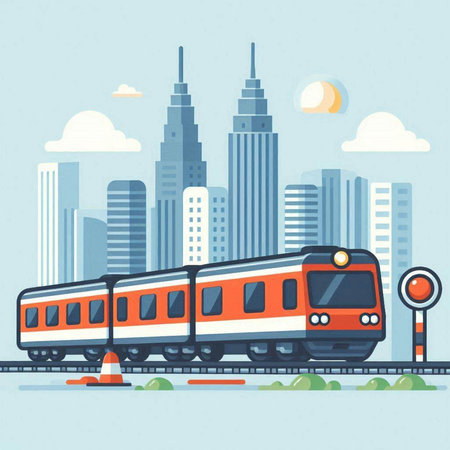 Modern train on the background of the city. Vector illustration in flat style.のイラスト素材