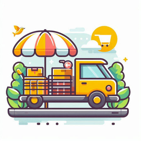 Cargo truck with boxes and umbrella. Delivery service concept. Vector illustration.のイラスト素材
