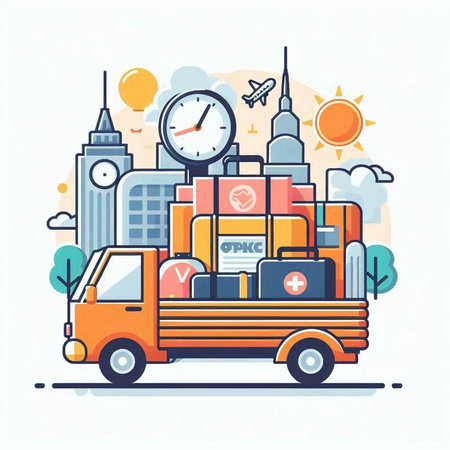 Truck with luggage on the background of the city. Vector illustrationのイラスト素材