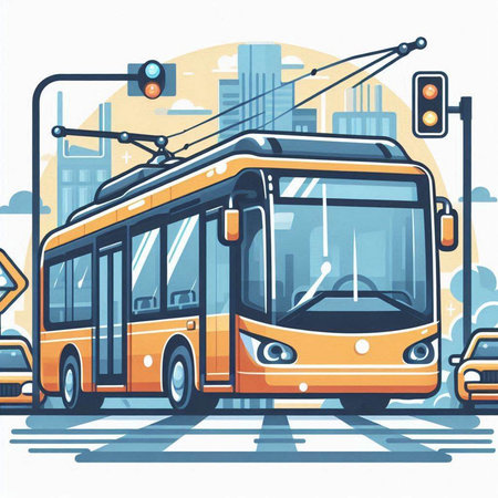Vector illustration of a city bus on the background of the city.のイラスト素材
