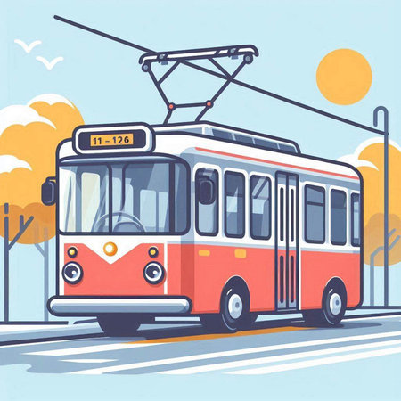 Trolleybus in the city. Vector illustration in flat style.のイラスト素材