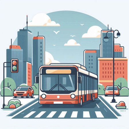 Bus on the city street. Vector illustration in flat design style.のイラスト素材