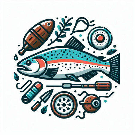 Vector illustration of a set of fish and fishing equipment in the circle.のイラスト素材