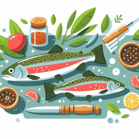 Vector illustration of fresh trout, vegetables and spices. Healthy food concept.のイラスト素材