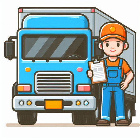 Illustration of a Truck Driver with Clipboard and Truck on White Backgroundのイラスト素材
