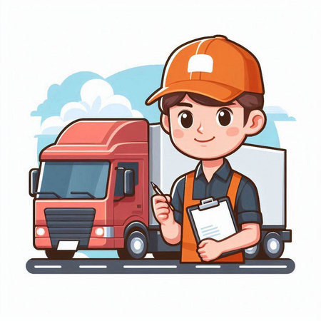 Delivery man with truck and clipboard. Vector illustration in cartoon style.のイラスト素材