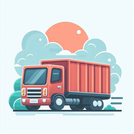Illustration of a red cargo truck on the road. Vector illustrationのイラスト素材