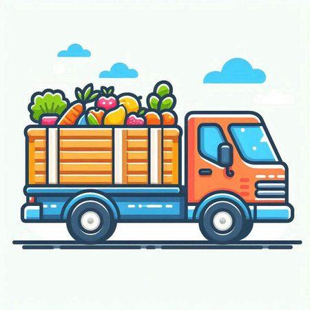 Cargo truck with fresh vegetables. Vector illustration in flat style.のイラスト素材