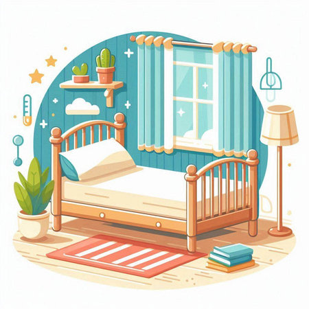 Vector illustration of a children's room with a bed and a window.のイラスト素材