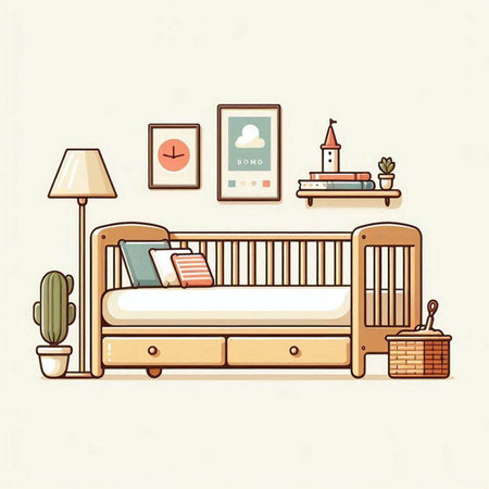 Vector illustration of a child's room interior with a bed, a cactus, a lamp and a basket of thingsのイラスト素材